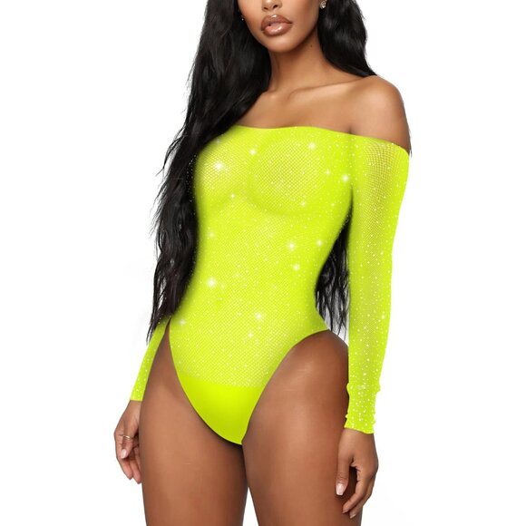 Women Yellow 1 Lingerie Fishnet Teddy Sparkle Rhinestone One Piece Mesh Bodysuit - Picture 2 of 4